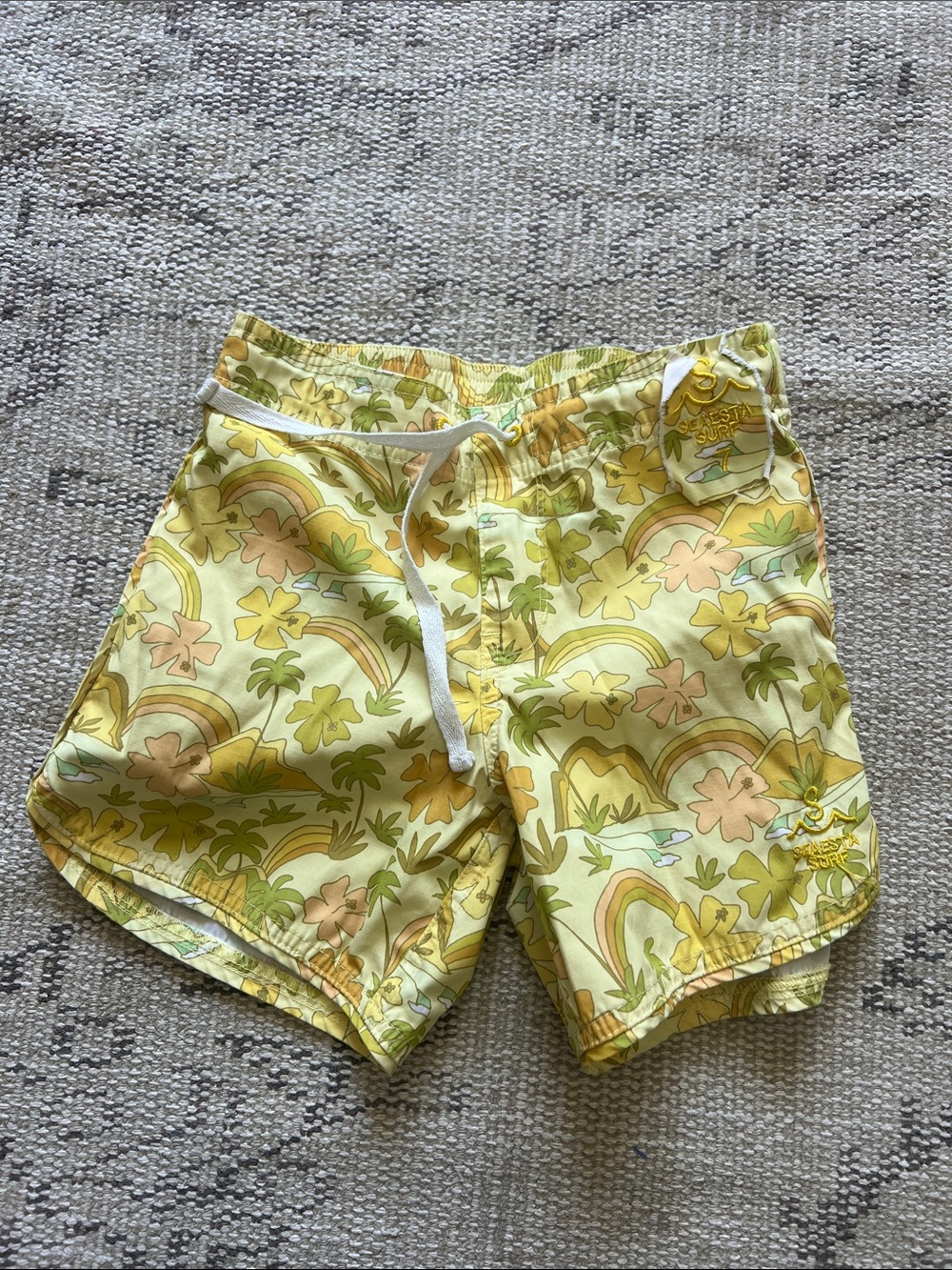 Kids' Yellow Floral Rainbow Swim Trunks with Drawstring
